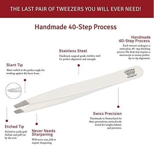 Slant Tweezer - Handmade in Switzerland - Professional Eyebrow & Facial Hair Remover - Etched Interior Grabs Hair from The Root - Perfectly Aligned Tips - Stainless Steel, White