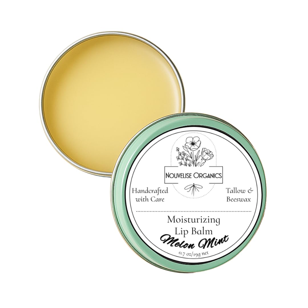 Nouvelise Organics Tallow Lip Balm | 100% Organic Beef Tallow, Organic Beeswax, Jojoba, and Shea Butter | Moisturizing Lip Care for Dry, Chapped Lips | Handcrafted in USA (1oz, Melon Mint)