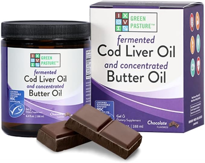 Green Pasture Butter Oil/Fermented Cod Liver Oil Blended Gel - 6.4 oz.- Vitamin A & D- EPA - DHA - Omega Fatty Acids (Chocolate)