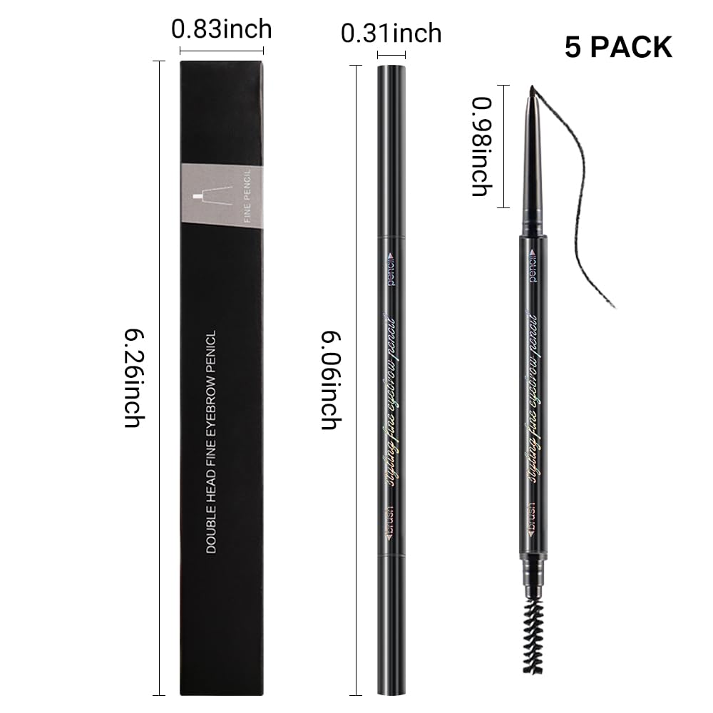 Black Ultra-Fine Tip Eyebrow Pencils Pack for Women, Mechanical Precise Brow Pencil,Draws Tiny Brow Hairs, Defines, Fills Brows, Shapes, Contours, Combs, Waterproof Dual-Sided