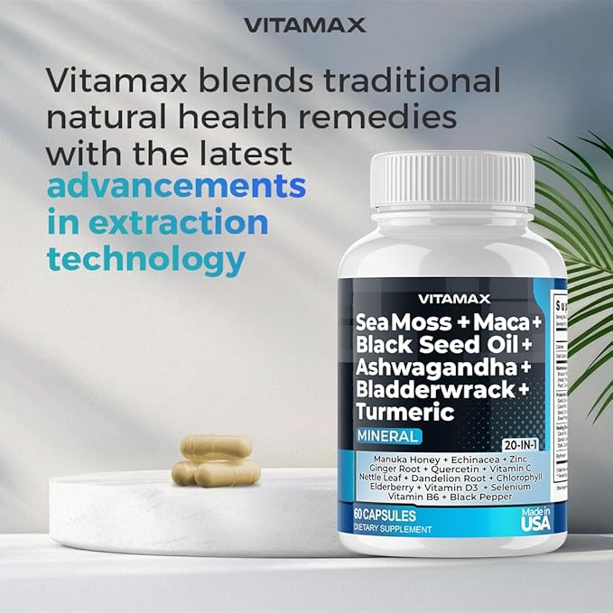 Sea Moss 3000mg Maca 1000mg Black Seed Oil 2000mg Ashwagandha 1000mg Bladderwrack, Turmeric - Manuka, Elderberry, Vitamins C & D3, Chlorophyll, Zinc, Black Pepper - Made in USA (60 Count (Pack of 1)