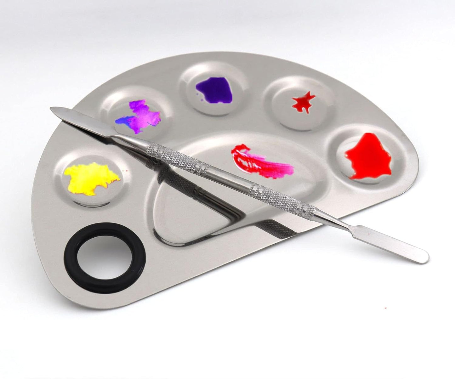 semicircle Makeup Palette Stainless Steel 6-dents Nail-art Cosmetic Artist Mixing Palette with 6 Inches Spatula Tool