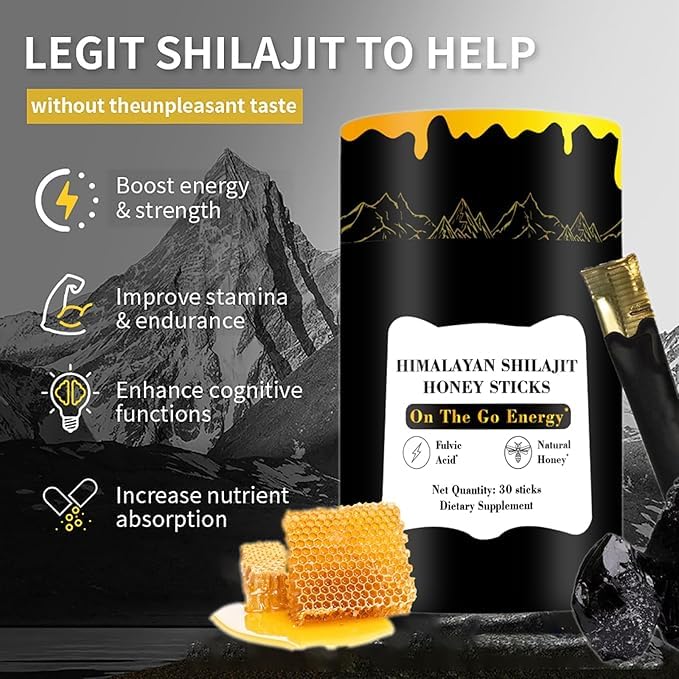 Shilajit Honey Sticks, 30 Sticks - Pure Himalayan Resin, With Organic Honey, Saffron, High Potency Herbal Blend for Energy Boost & Immune Support, for Men & Women