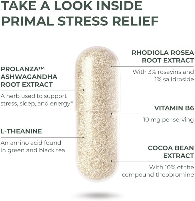 Primal Harvest Stress Relief Supplement for Women and Men Pure Ashwagandha Root Extract, L-Theanine Supplements, 30 Capsules