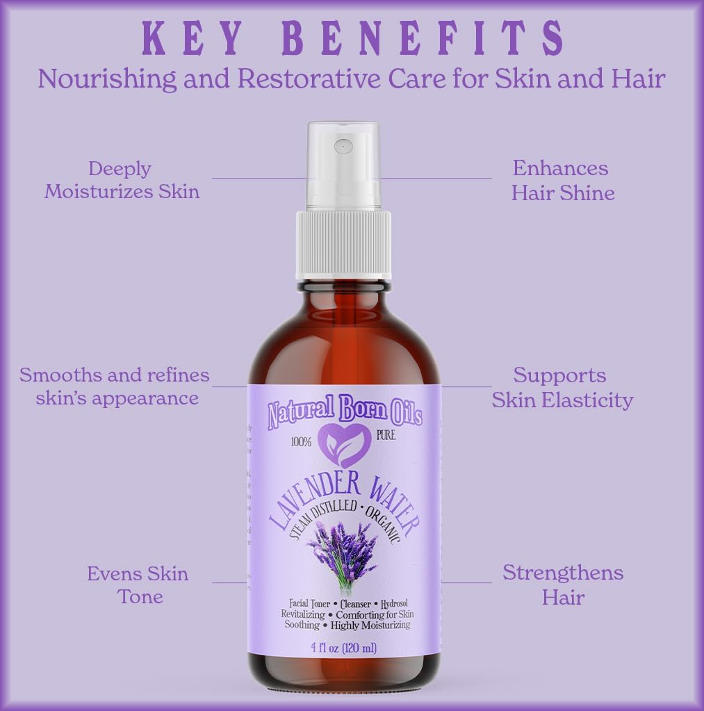 Natural Born Oils 4oz Lavender Water Hydrosol, 100% Pure and Natural, Organic, Steam-distilled, Facial Toner Cleanser, with Sprayer