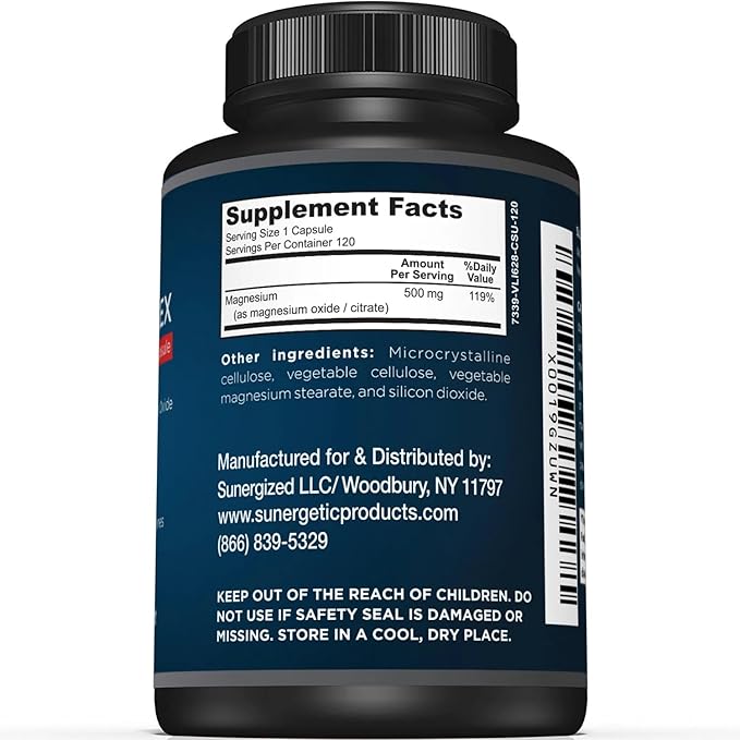Premium Magnesium Citrate Capsules – Powerful 500mg Magnesium Oxide & Citrate Supplement – Helps Support Healthy Bones, Muscles, Teeth, Energy & Relaxation – 120 Vegetable Capsules