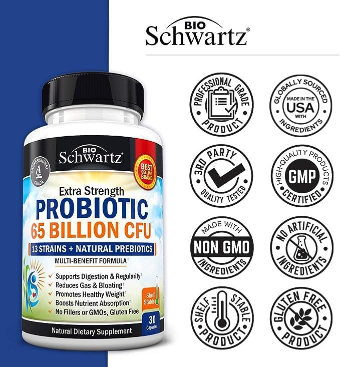 Probiotic 65 Billion - Probiotics with Prebiotic for Women & Men - Lactobacillus Acidophilus Digestive Health Capsules - Targeted Release Technology - Shelf Stable Supplement Non-GMO Dairy Free-30ct