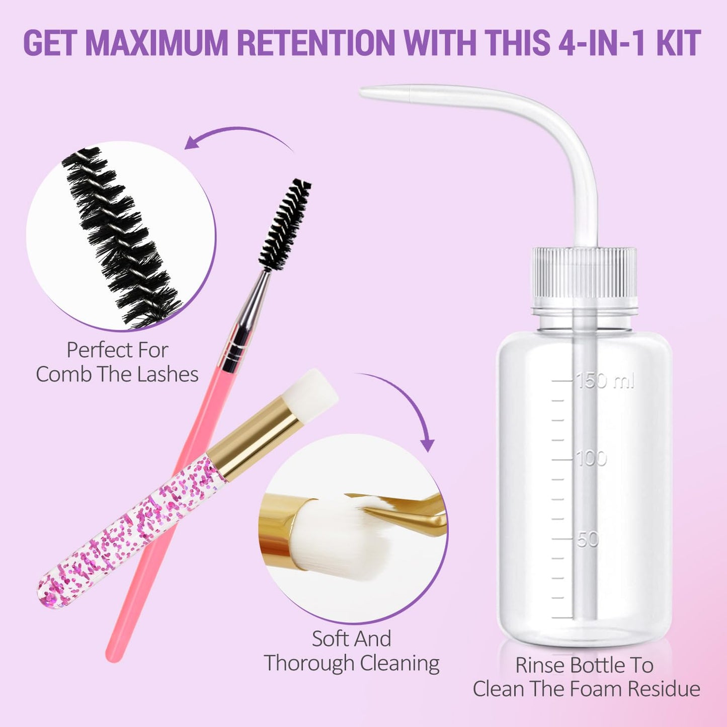 EMEDA Lash Shampoo Kit - 3.38 fl.oz / 100ml Gentle Foam Lash Cleanser, Oil-Free Cleaning for Wash Extension/Natural Eyelash Bath with Rinse Bottle Brush (Lavender)