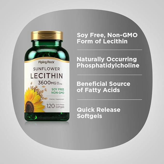 Piping Rock Sunflower Lecithin Softgel Capsules | 3600 mg | 120 Count | Rich in Phosphatidylcholine | Soy Free, Non-GMO, Gluten Free