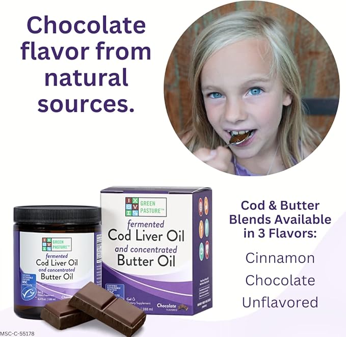 Green Pasture Butter Oil/Fermented Cod Liver Oil Blended Gel - 6.4 oz.- Vitamin A & D- EPA - DHA - Omega Fatty Acids (Chocolate)