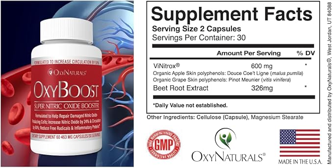 OxyBoost with ViNitrox - Nitric Oxide Supplement for Blood Pressure Support, Heart Health, Energy Boost, Circulation, and More (3 Bottles - 90 Servings)