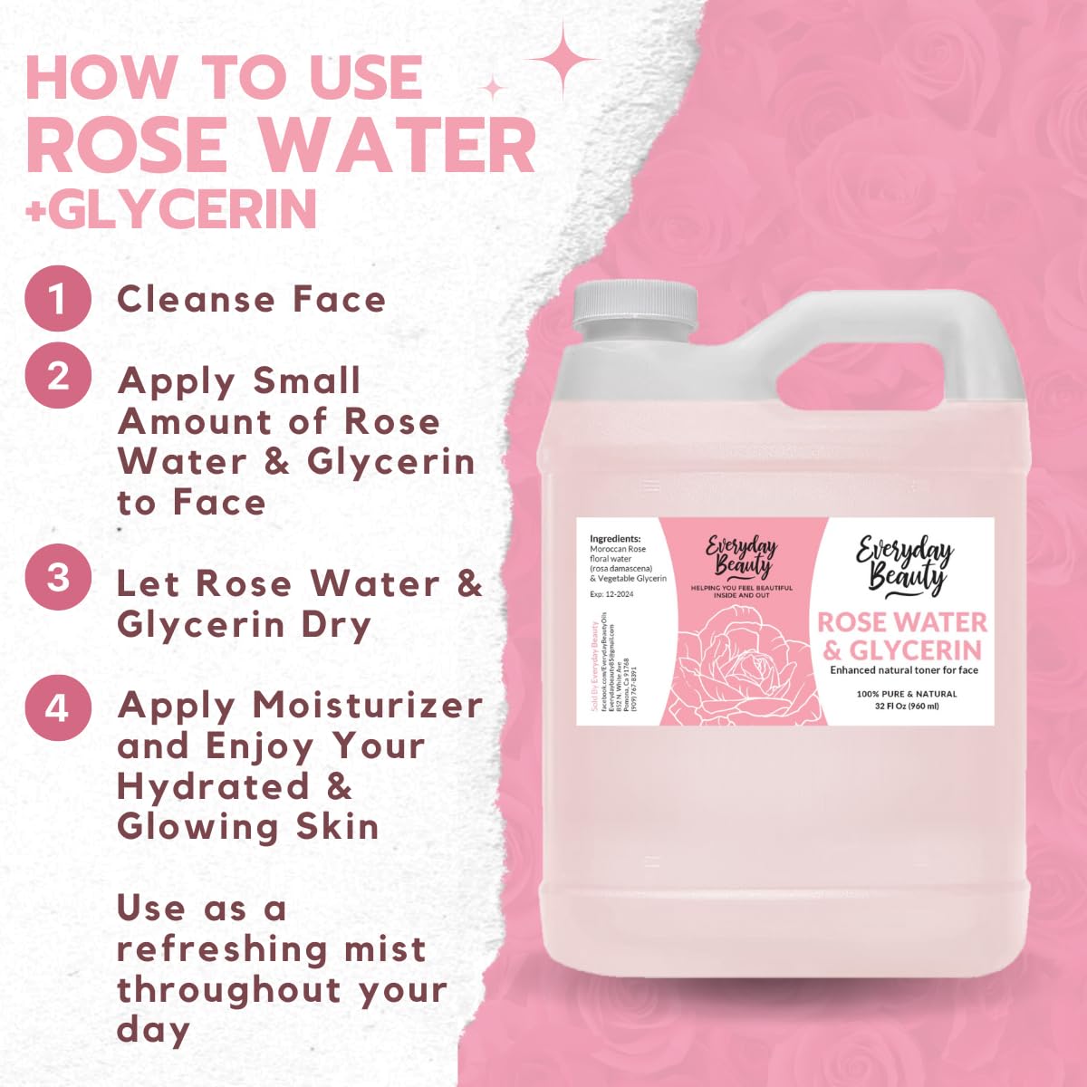 Rose Water & Glycerin Enhanced Facial Toner - 32oz Bulk Alcohol-Free Vegan All Natural Refreshing for Face and Hair - Uplifts, Calming & Soothing for All Skin Types…