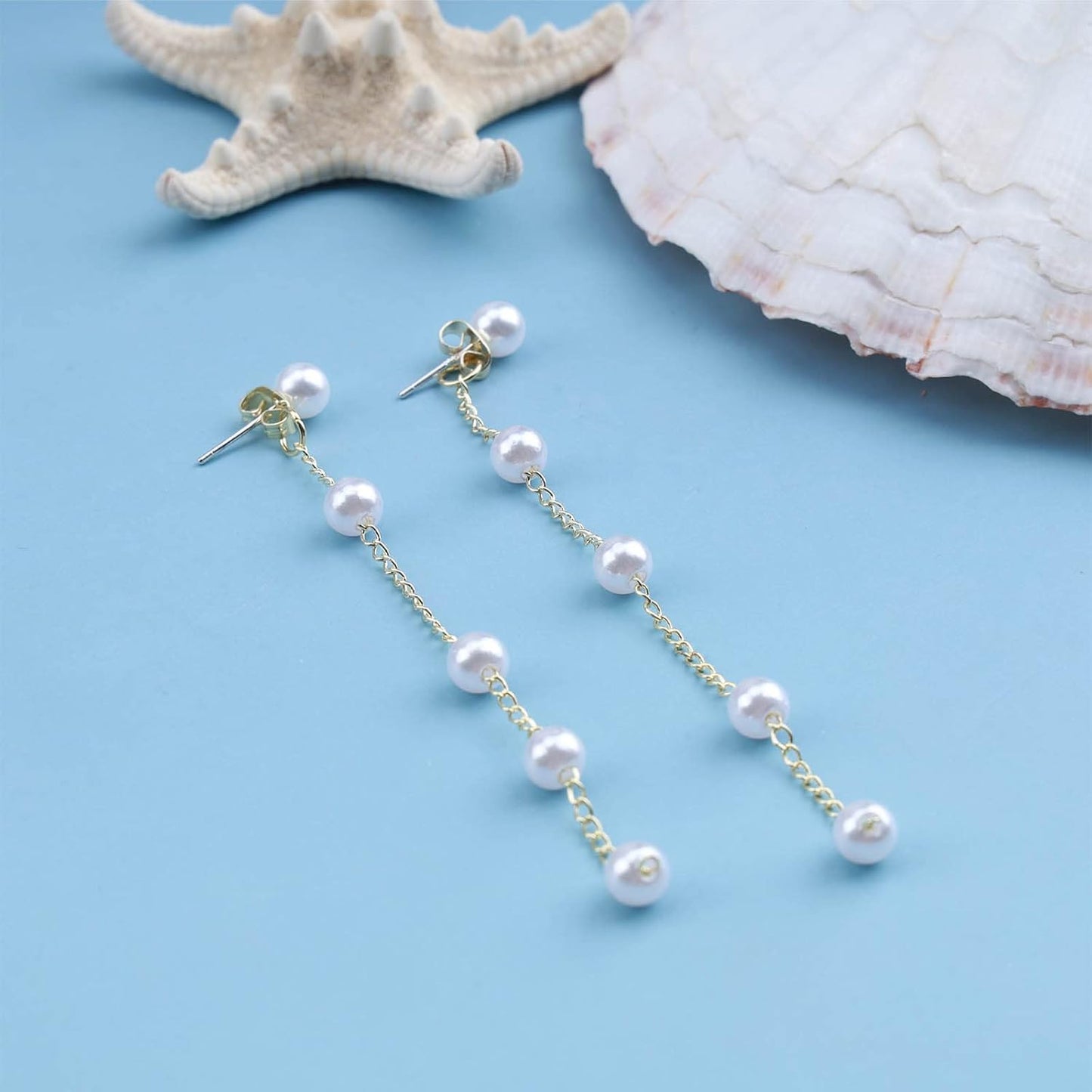 Boho Pearl Drop Earrings Long Pearl Tassel Earrings Gold Pearl Chain Earrings Vintage Pearl Stud Earrings Jewelry for Women