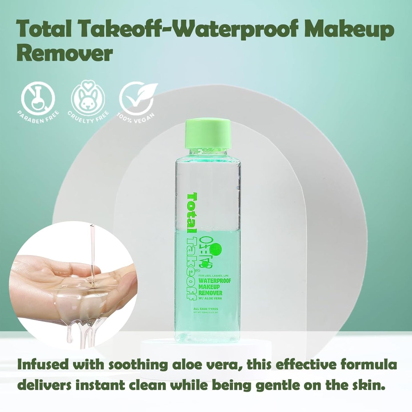 Total Takeoff Waterproof Makeup Remover – Dual-Phase Oil & Water Formula, Removes Eye & Lip Makeup, Gentle for Sensitive Skin, Aloe & Argan Oil, No-Rinse, 3.4 fl oz/100ml