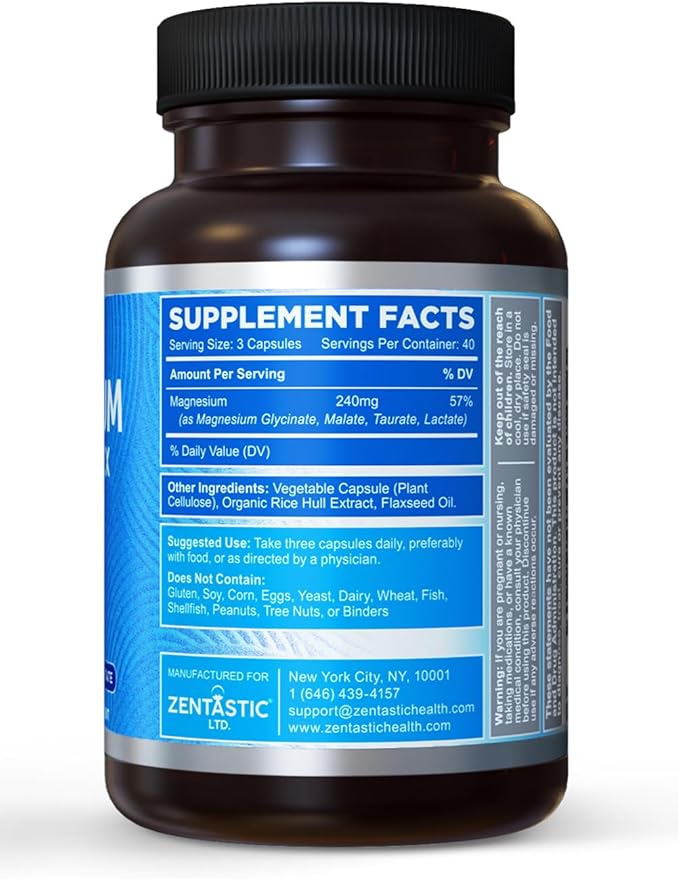 Zentastic 4-in-1 Magnesium Complex - Chelated Magnesium Glycinate, Malate, Taurate & Lactate - High Absorption for Nerves, Immune, Bones, Muscles - Magnesium Supplement - 120 Magnesium Capsules