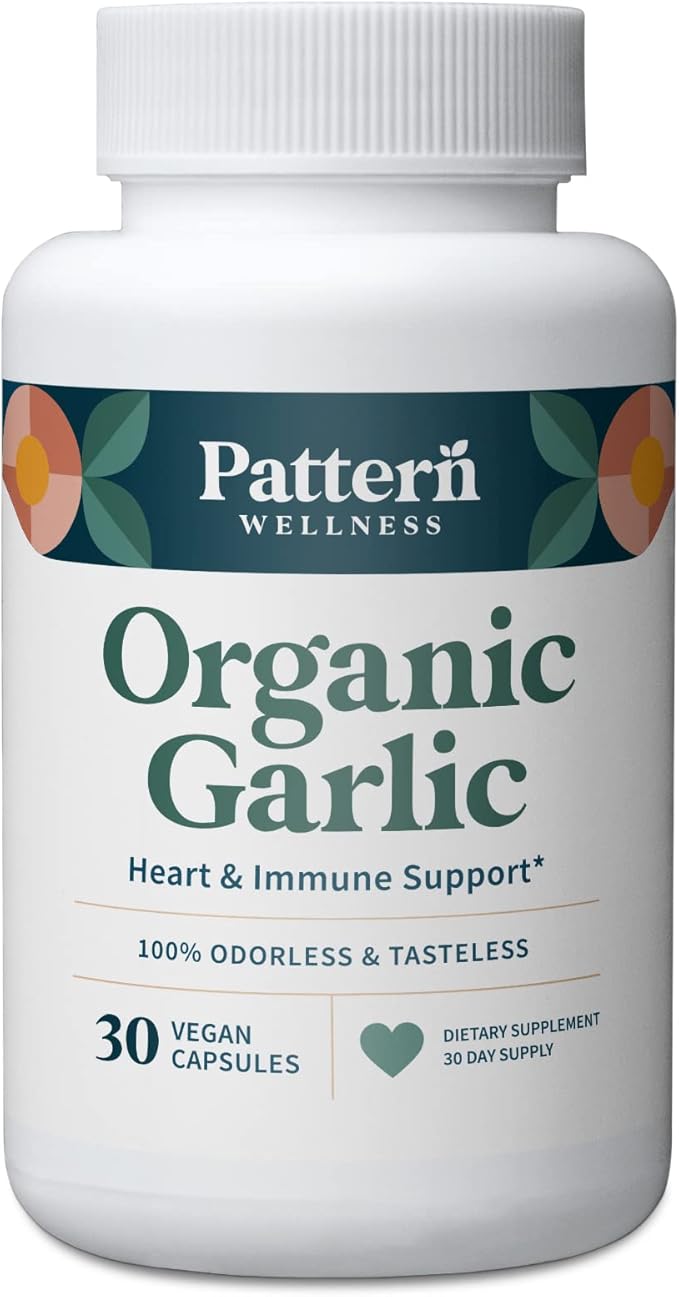 Pattern Wellness Odorless Organic Garlic - 1000mg - Healthy Immune, Circulatory & Cardiovascular Support - Happy & Healthy Heart - Non-GMO & Gluten Free - 30 Vegan Capsules