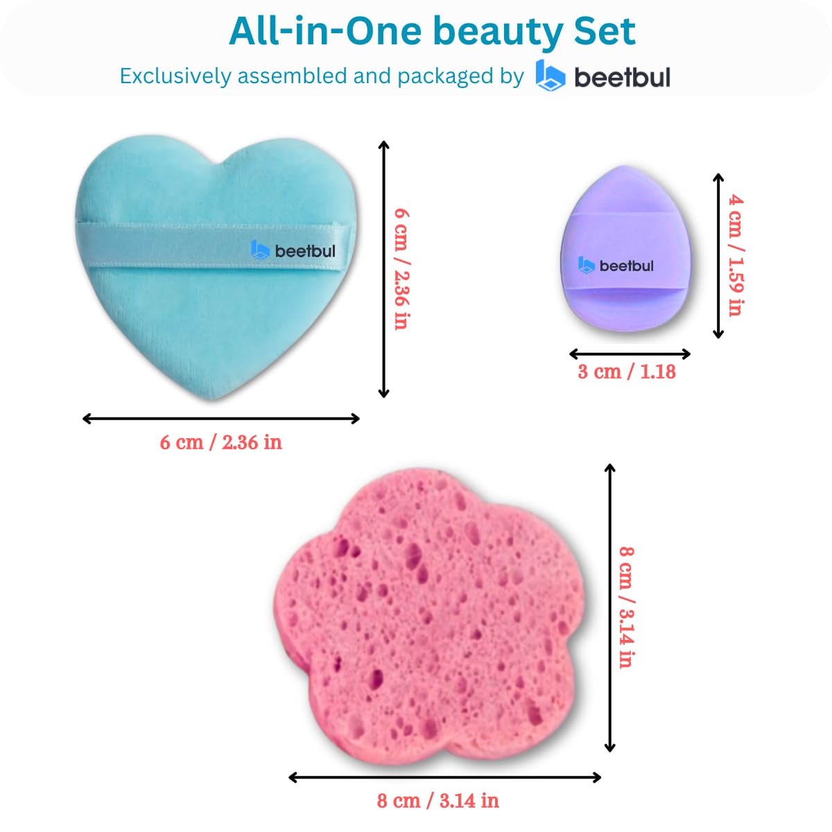 Beetbul Makeup & Exfoliation Kit - Bissú Compact Powder + 1 Medium Velvet Puff + 2 Finger Puffs + 1 Facial Exfoliating Sponge (11 Almond, One Size)