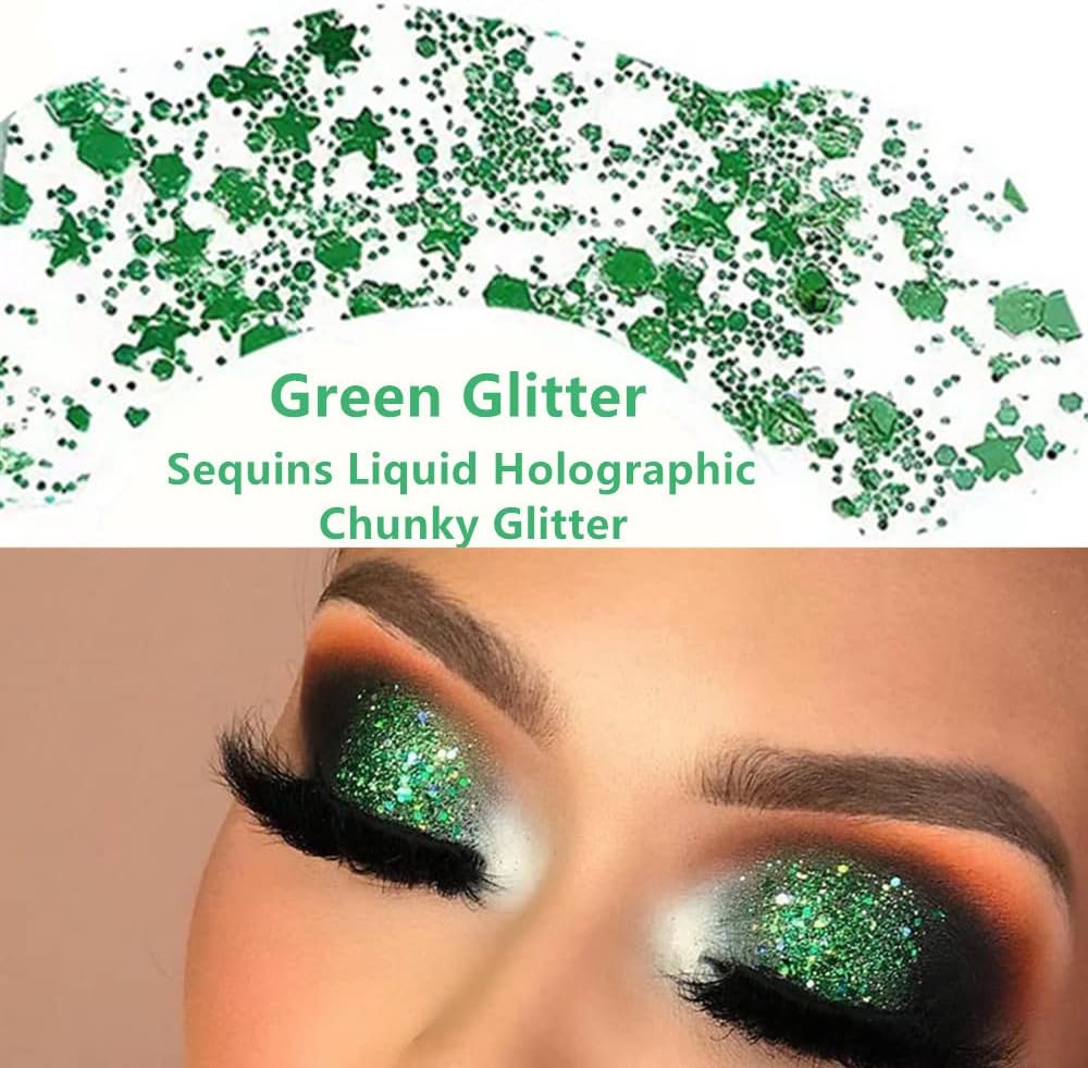 Go Ho Green Face Body Glitter,St Patricks Day Face Glitter Makeup,Green Face Paint Holographic Chunky Sequins Glitters for Eye Lip Hair Nails,Festival Rave Accessories,52g