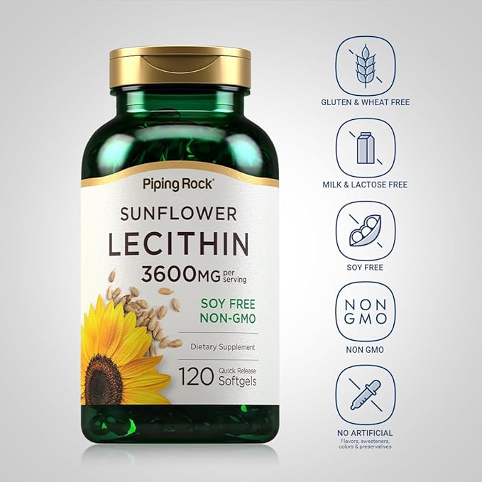 Piping Rock Sunflower Lecithin Softgel Capsules | 3600 mg | 120 Count | Rich in Phosphatidylcholine | Soy Free, Non-GMO, Gluten Free