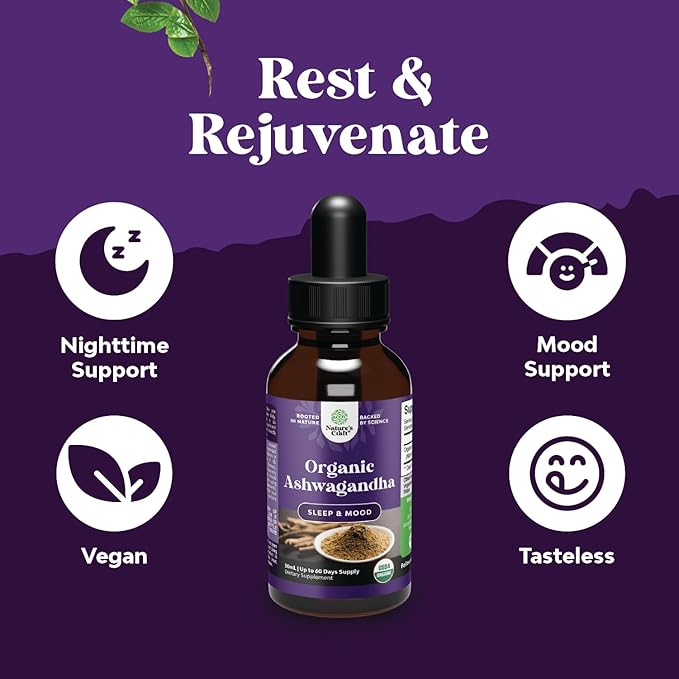 USDA Organic Ashwagandha Liquid Drops - Vegan Liquid Ashwagandha Root Extract for Energy Stress and Mood Support - Delicious Adaptogenic Pure Ashwagandha Tincture for Adults - Non-GMO & Alcohol Free