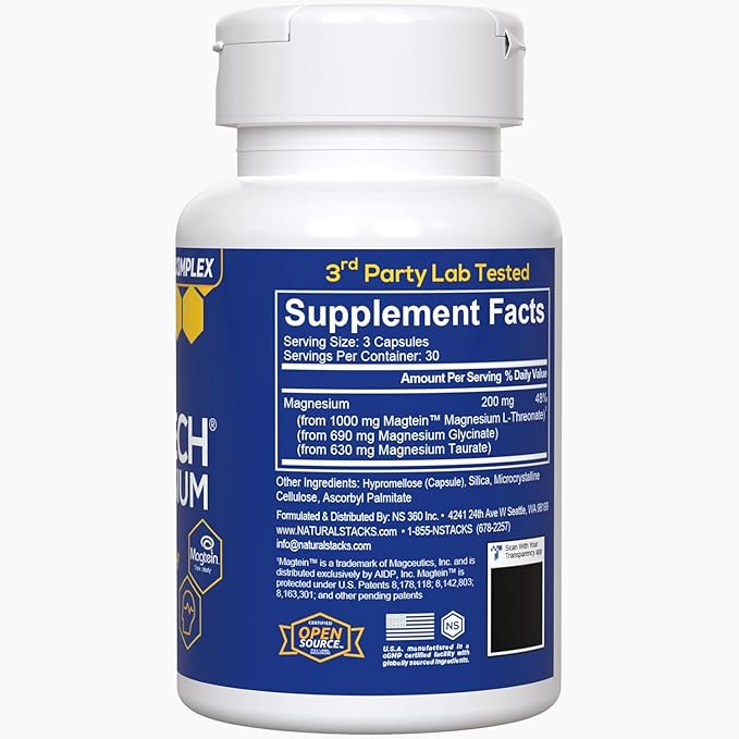 MagTech Magnesium Supplement - Chelated Magnesium Complex - 3 Forms of Magnesium: Magtein Magnesium L-Threonate, Glycinate & Taurate - Supports Relaxation & Brain Health*, 90 Magnesium Capsules