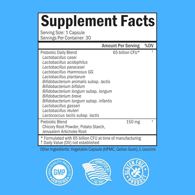 Probiotic 65 Billion - Probiotics with Prebiotic for Women & Men - Lactobacillus Acidophilus Digestive Health Capsules - Targeted Release Technology - Shelf Stable Supplement Non-GMO Dairy Free-30ct