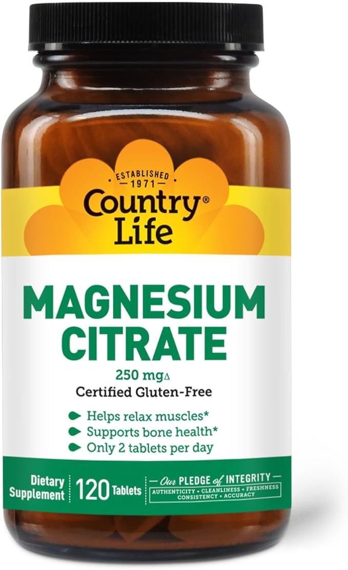 Country Life Magnesium Citrate - 120 Tablets - Supports Muscle & Nerve Function, Heart Rhythm, Healthy Immune System, Energy Production - Magnesium Citrate 250mg, Magnesium Complex Supplement