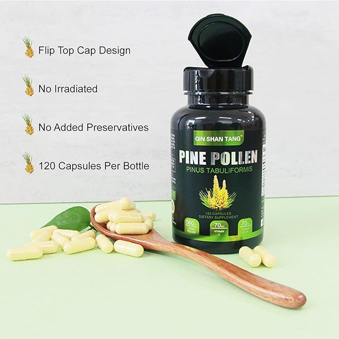 Pine Pollen Supplement wtih Ginger Root and Vitamin C, 99% Cracked Cell Wall,120 Veggie Capsules,Focus&Immune Improve