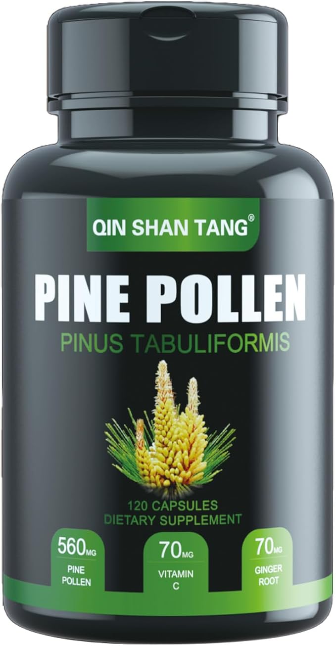 Pine Pollen Supplement wtih Ginger Root and Vitamin C, 99% Cracked Cell Wall,120 Veggie Capsules,Focus&Immune Improve