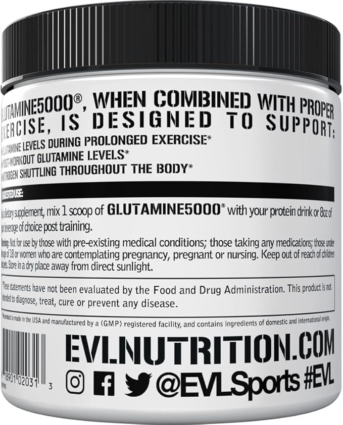 Pure Vegan L-Glutamine Powder Supplement - Evlution Nutrition Nitric Oxide Booster 5g L Glutamine Supplement for Post Workout Recovery Enhanced Pumps Gut Health Energy and Immunity - Unflavored