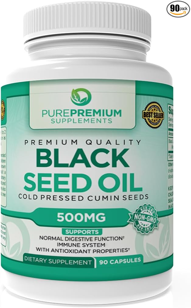 PurePremium Black Seed Oil 500mg - Organic Nigella Sativa Seeds - Cold Pressed Black Cumin Seed Oil Extract - Hair & Skin Blackseed Oil Supplement for Men and Women - 3 Months Supply - 90 Capsules
