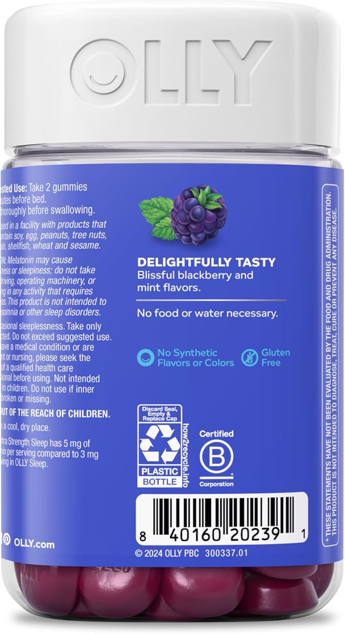 OLLY Extra Strength Sleep Gummy, Occasional Sleep Support, 5 mg Melatonin, L-Theanine, Chamomile, Lemon Balm Extracts, Sleep Aid, BlackBerry Flavor - 90 Count (Packaging May Vary)