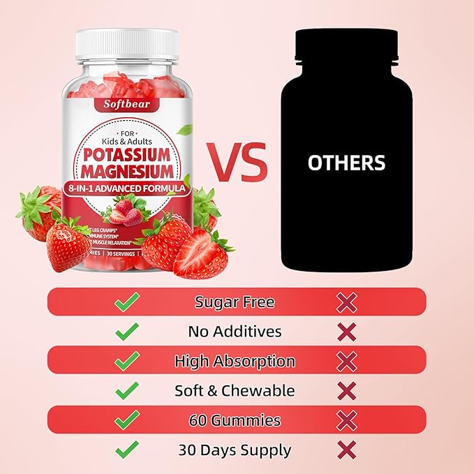 softbear Potassium Gummies for Adults, High Absorption Magnesium Potassium Supplement with Vitamin B6 for Leg Cramps & Muscle Health Sugar-Free Vegan Strawberry 120 Gummies