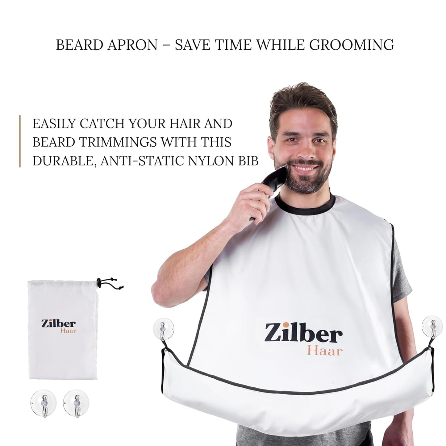 ZilberHaar - Beard Care Kit for Men - 1 Regular Beard Brush + 1 Beard Balm + 1 Moisturizing Cream + 1 Beard Bib - Stiff Boar Bristles and Beech Wood - Supplied in a Velvet Bag