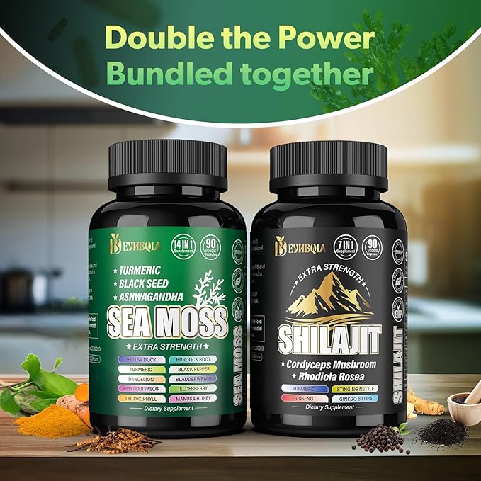 Sea Moss and shilajit Bundle - 90 Count - Sea Moss, Black Seed Oil, Ashwagandha, Turmeric & Shilajit, Rhodiola Rosea,Burdock, Bladderwrack 21 in 1 Supplements (2 Packs) Brown