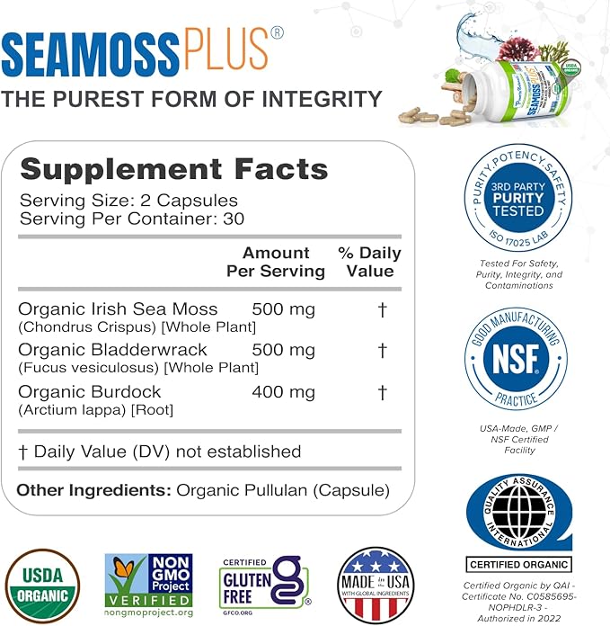 Power By Naturals Sea Moss Plus - USDA Certified Organic Wildcrafted Irish Seamoss, Bladderwrack & Burdock Root, Supplement for Immunity, 60Ct, 2 Pack