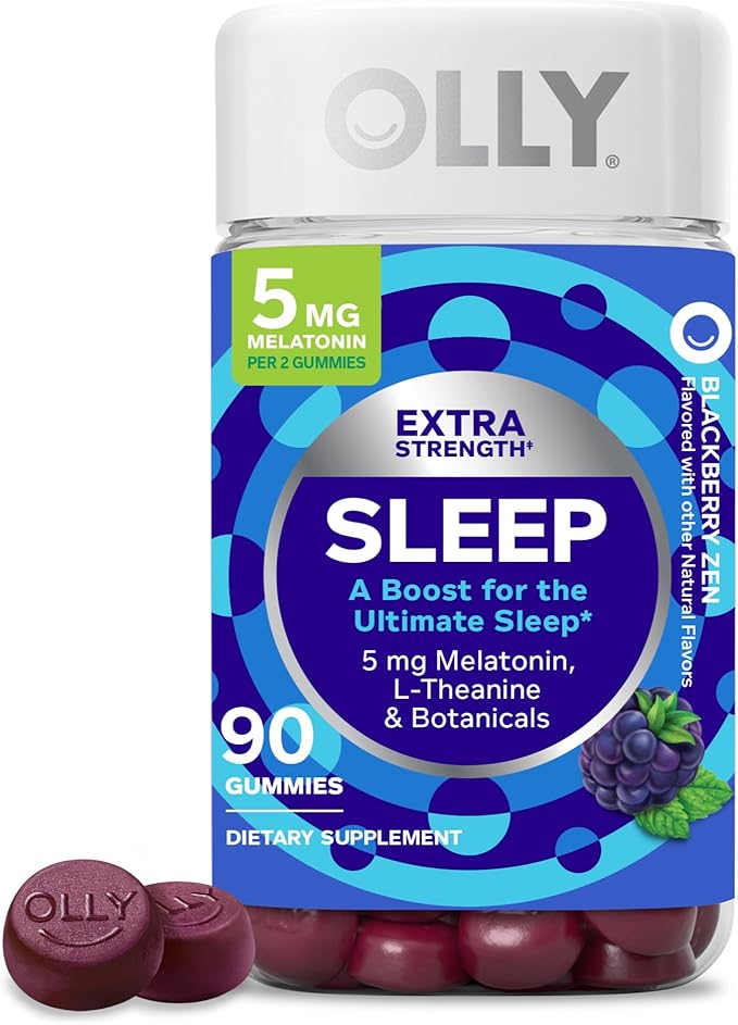 OLLY Extra Strength Sleep Gummy, Occasional Sleep Support, 5 mg Melatonin, L-Theanine, Chamomile, Lemon Balm Extracts, Sleep Aid, BlackBerry Flavor - 90 Count (Packaging May Vary)