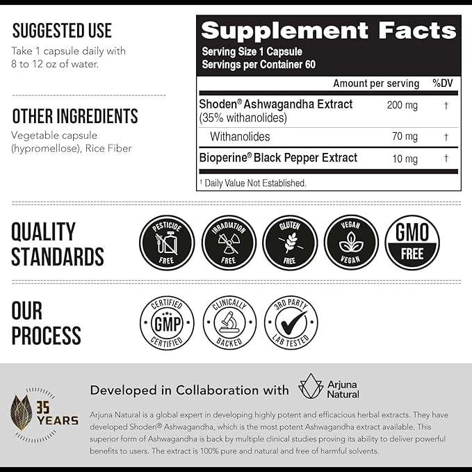 Ashwa-70®: Ashwagandha Extract - 35% Withanolides | Max Strength, Highest Withanolide Concentration - Mood & Performance - Enhanced Absorption with BioPerine® Black Pepper (60 Capsules)
