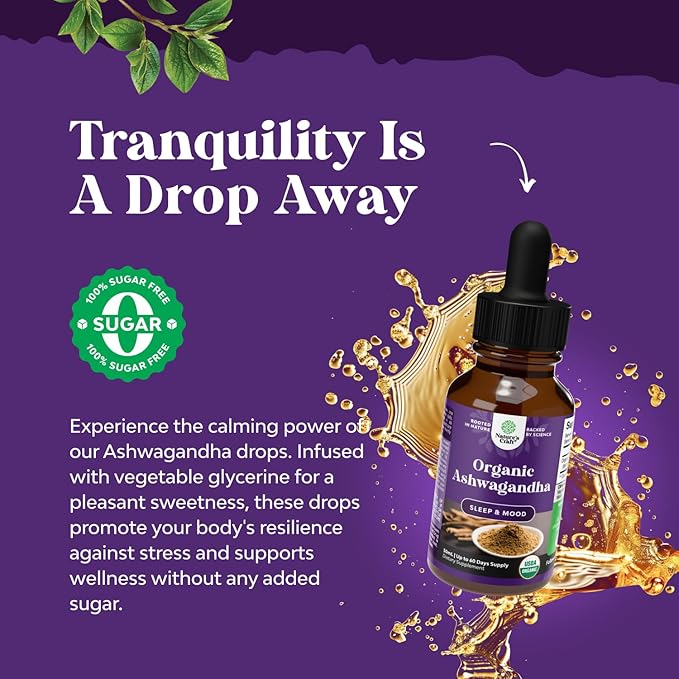 USDA Organic Ashwagandha Liquid Drops - Vegan Liquid Ashwagandha Root Extract for Energy Stress and Mood Support - Delicious Adaptogenic Pure Ashwagandha Tincture for Adults - Non-GMO & Alcohol Free