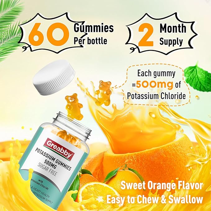 Potassium Gummies, Potassium Chloride 500mg for Adults, Sugar-Free Potassium Supplement, Muscle Relief & Heart Health for Women Men, Electrolyte Balance, Efficient Potassium Supply, 60 Servings