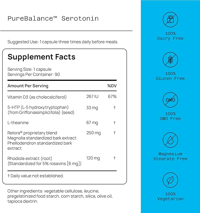 Quality of Life Pure Balance Serotonin Premium–Helps Boost Serotonin & Cortisol Levels - Includes 5-HTP, Venetron, Sensoril, Vitamin D3 & L-Theanine–60 Capsules