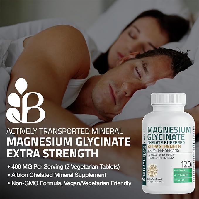 Bronson Magnesium Glycinate 400mg Extra Strength, Vegetarian, Chelated for Absorption Gentle on The Stomach, Non-GMO, 120 Tablets