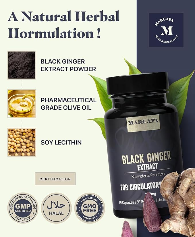 Marcapa Black Ginger Root Supplement - 60 Softgels | Organic Ginger Extract for Cardiovascular & Metabolic Support | Enhanced Energy & Endurance | Optimal Absorption with Olive Oil
