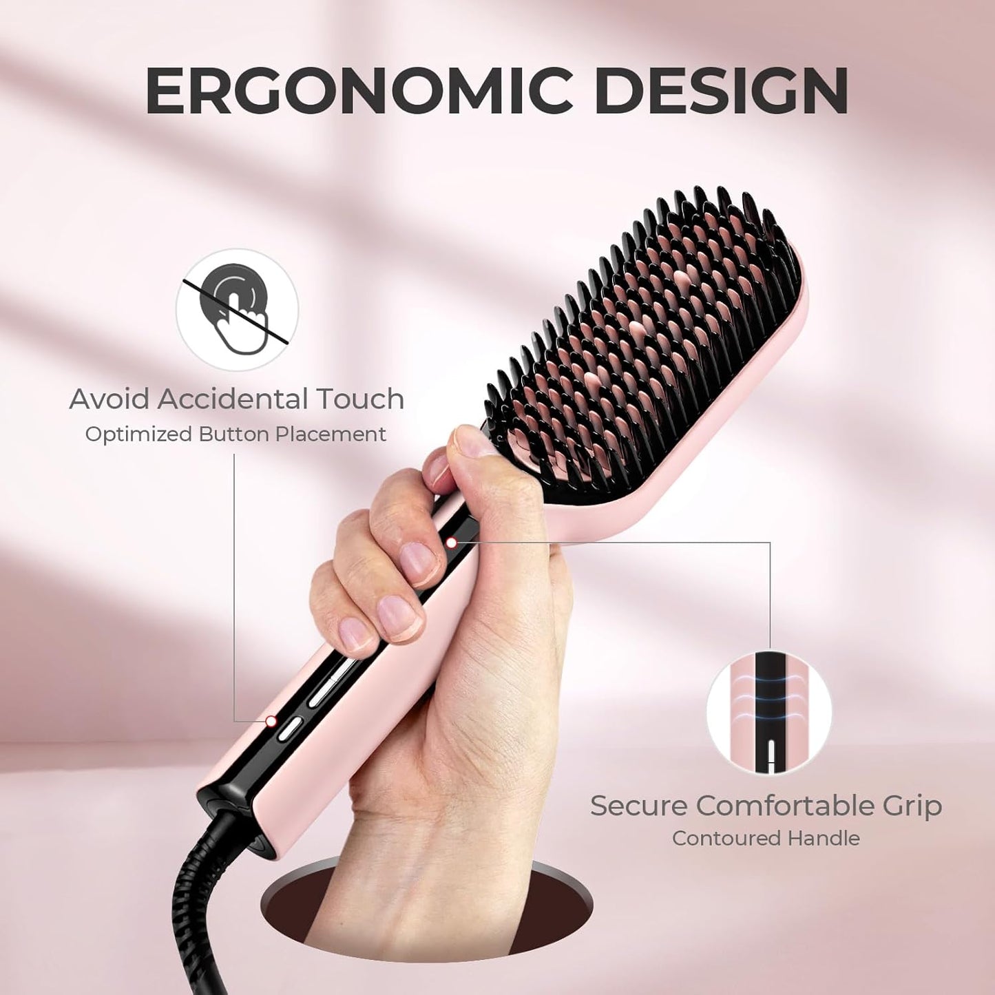 TYMO Hair Straightener Brush - Upgraded Ionic Plus Straightening Brush with Dense Bristles, 16 Temps, Dual Voltage | Ceramic Hot Comb for Women | Flat Iron for Thick Curly Hair, Pink