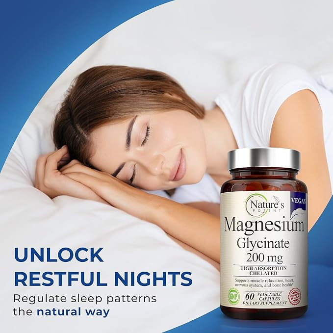 Nature's Potent Magnesium Glycinate 200mg, (High Absorption) Vegan Magnesium Glycinate Capsules Supplement for Women & Men - Chelated Magnesium Glycinate for Sleep - Magnesium for Muscle Cramps - 60ct