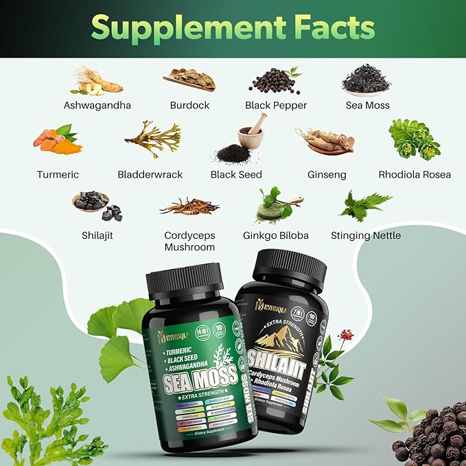 Sea Moss and shilajit Bundle - 90 Count - Sea Moss, Black Seed Oil, Ashwagandha, Turmeric & Shilajit, Rhodiola Rosea,Burdock, Bladderwrack 21 in 1 Supplements (2 Packs) Brown
