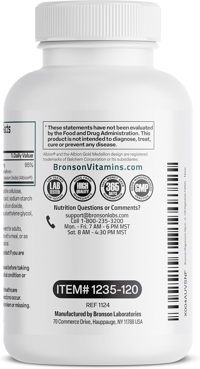 Bronson Magnesium Glycinate 400mg Extra Strength, Vegetarian, Chelated for Absorption Gentle on The Stomach, Non-GMO, 120 Tablets