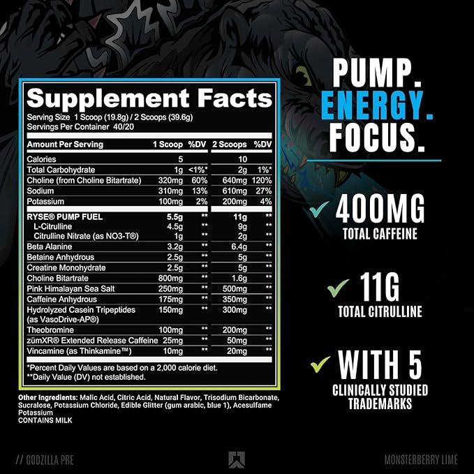 Ryse Noel Deyzel x Godzilla Pre Workout | Intense Pumps, Energy, & Focus | Citrulline & Beta Alanine | 400mg Total Caffeine | 40 Servings (Monsterberry Lime)