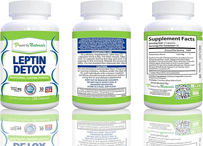 Power By Naturals Leptin Detox Cleanse for Reduce Weight - Natural Gut & Colon Cleanser, 1532mg, Acai Berry Cleanse for Men & Women, 60 Capsules, USA-Made