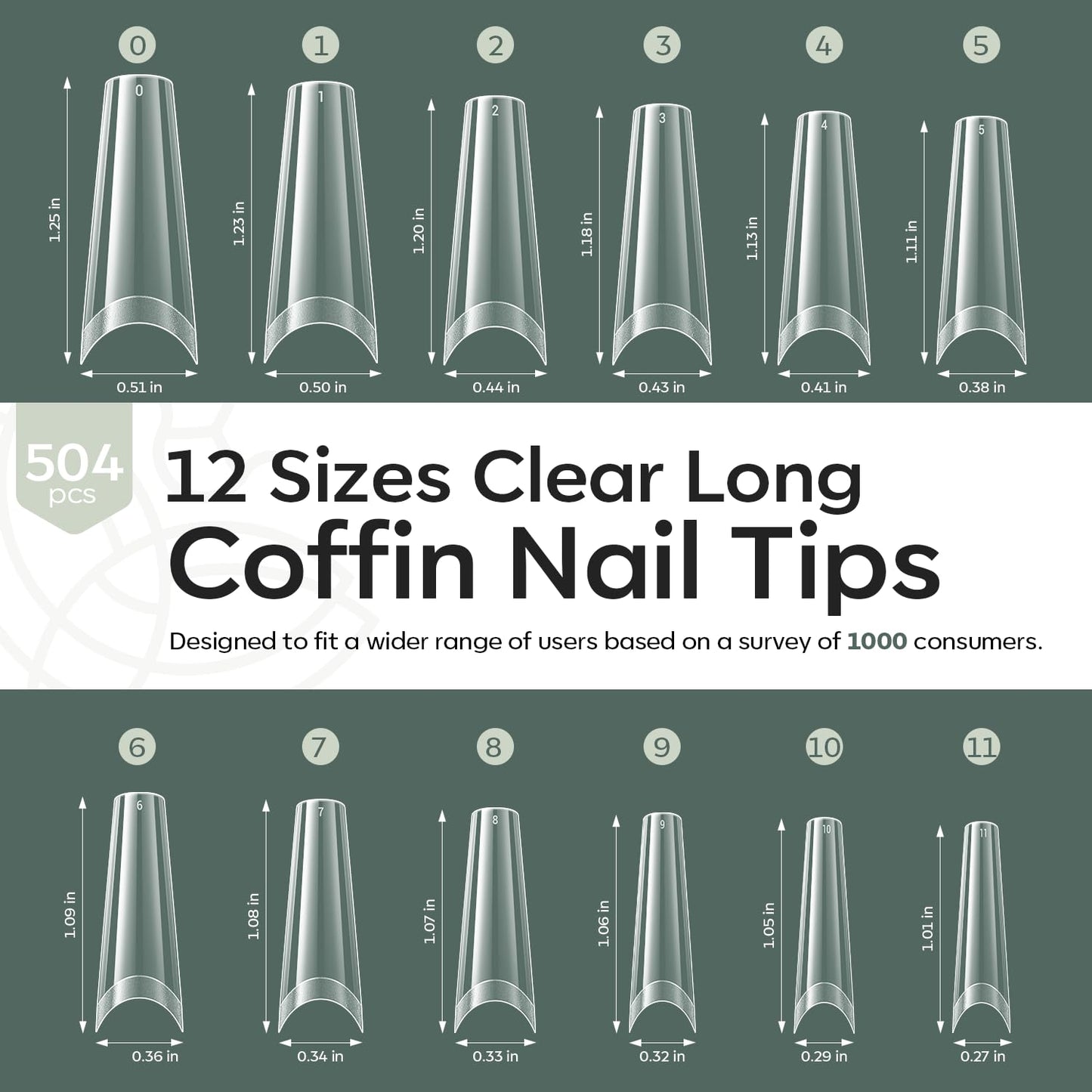 modelones Long Coffin French Nail Tips, 504 PCS No C Curve Pre-shaped Clear Acrylic Fake Nails Tips Gel Half Cover 12 Sizes with Box